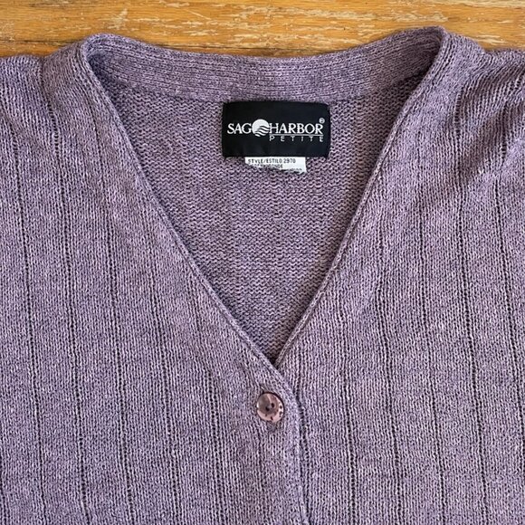 Vintage Knit Cardigan Top Size Large 90s Purple Eyelet Short Sleeve Button Down - Picture 2 of 4